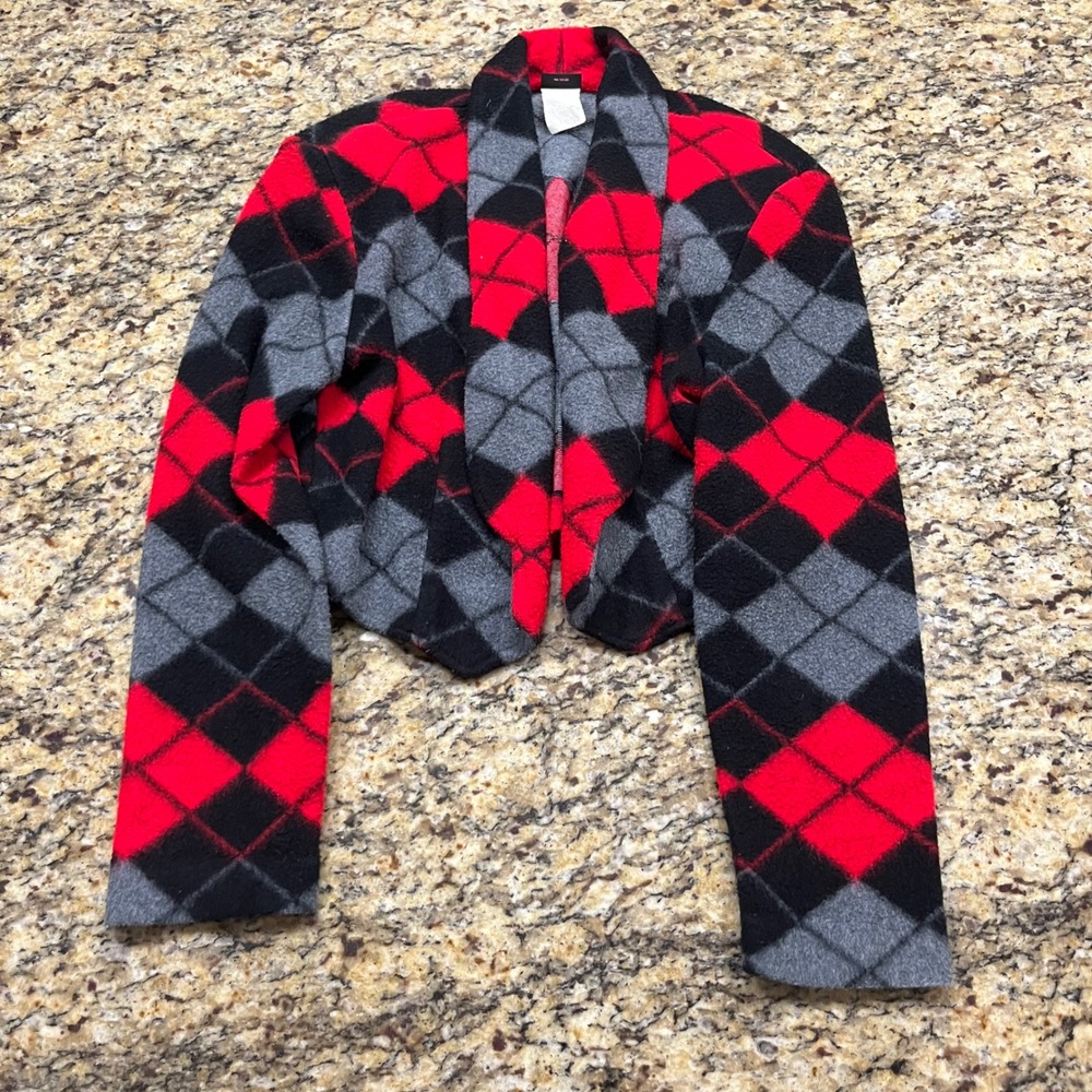 Vintage Fredericks of Hollywood Argyle Cropped Cardigan Jacket Red Black Grey M